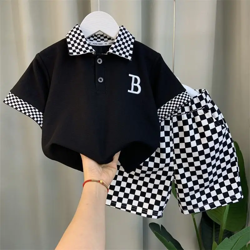 Summer Teenage Boy Clothes Set Cartoon Plaid Short Sleeve Lapel Shirts and Shorts Suit Children\'s Boys Top and Bottom Streetwear