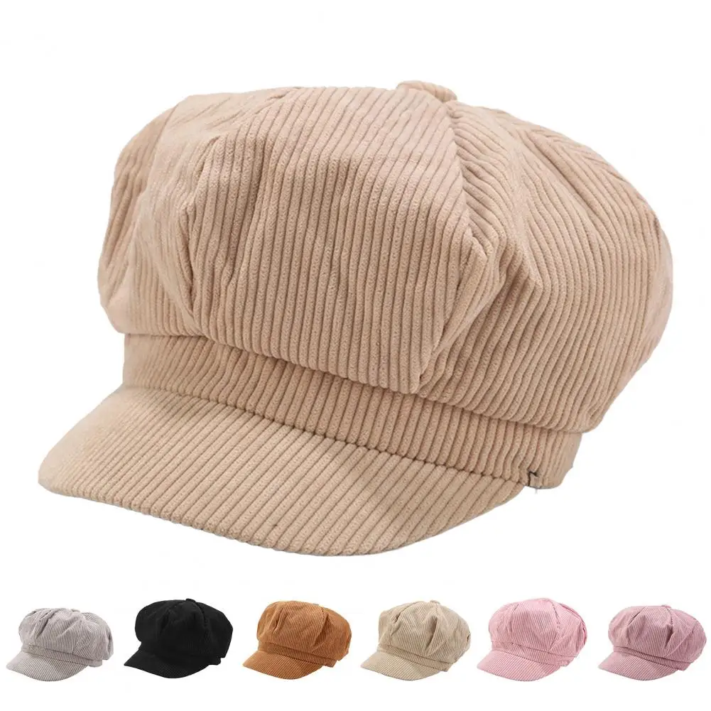 Visor Beret Cap Retro British Style Peaked 8 Panel Corduroy Cap Women Octagonal Newsboy Cabbie Painter Hat For Autumn Winter