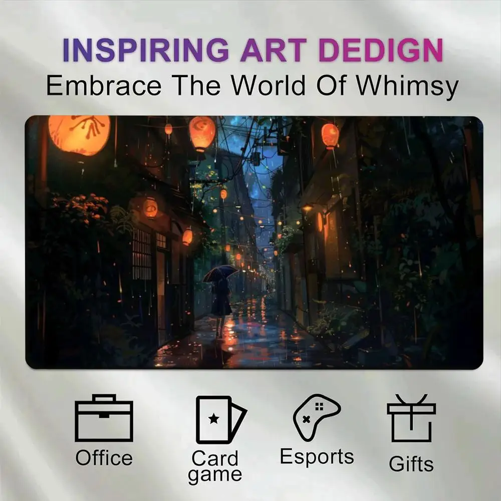 Japanese Rainy Alley Large Gaming Mouse Pad Umbrella Red Lantern Night Non-Slip Desk Mat for Esports Office Card Game Home Gift