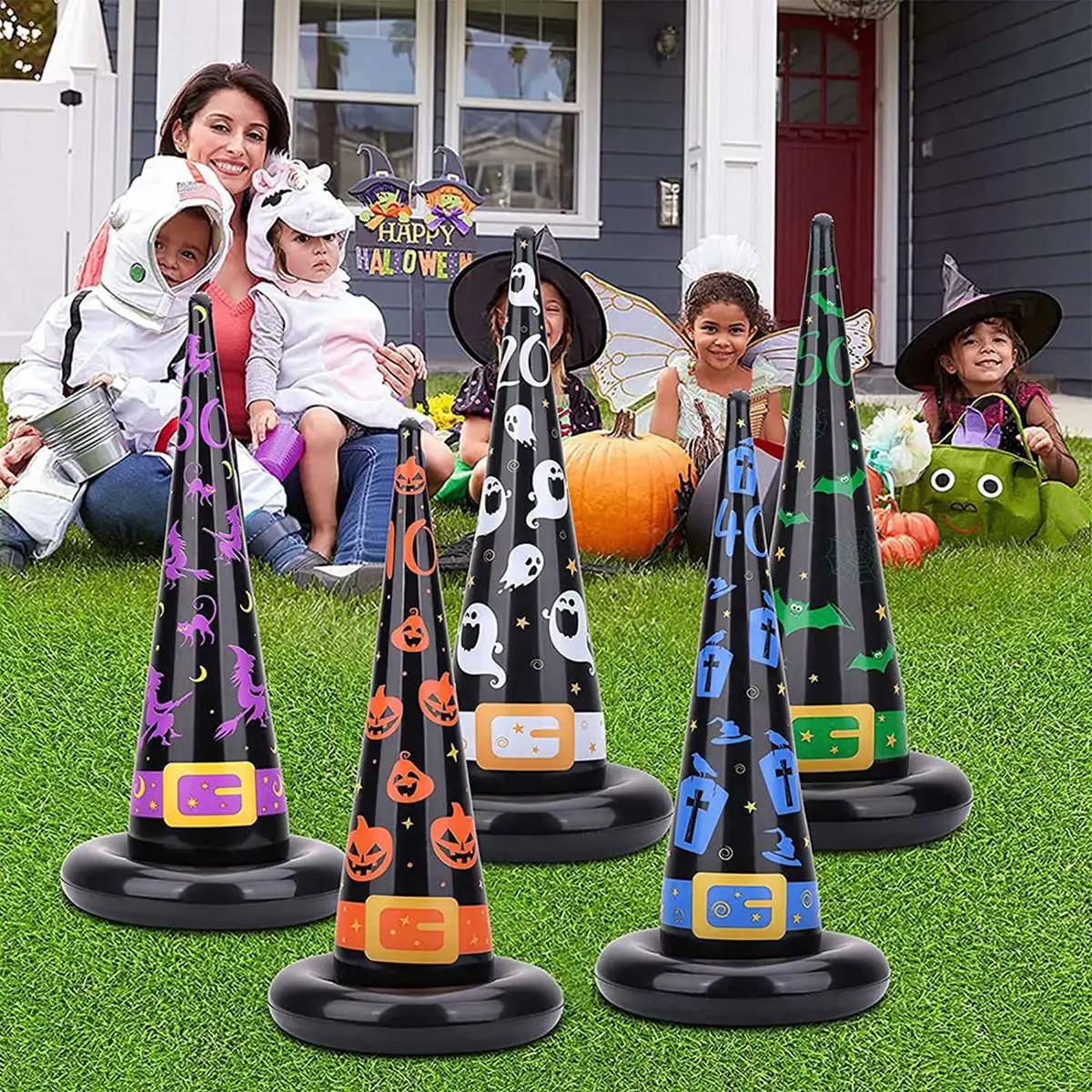 BEDW-Halloween Party Games, Inflatable Witch Hat Ring Toss Game With Points, Plastic Ring Toss, Air Pump