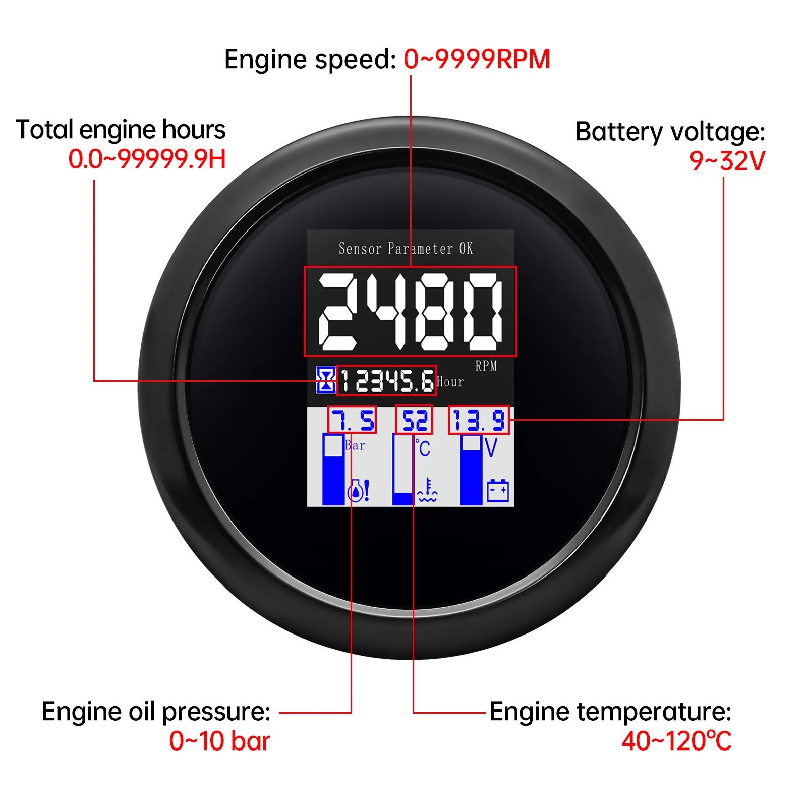 NMEA2000 5 In 1 85mm Gauge Multifunctional Digital RPM Tachometer Water Temp Oil Pressure Voltmeter With Alarm For Marine Car