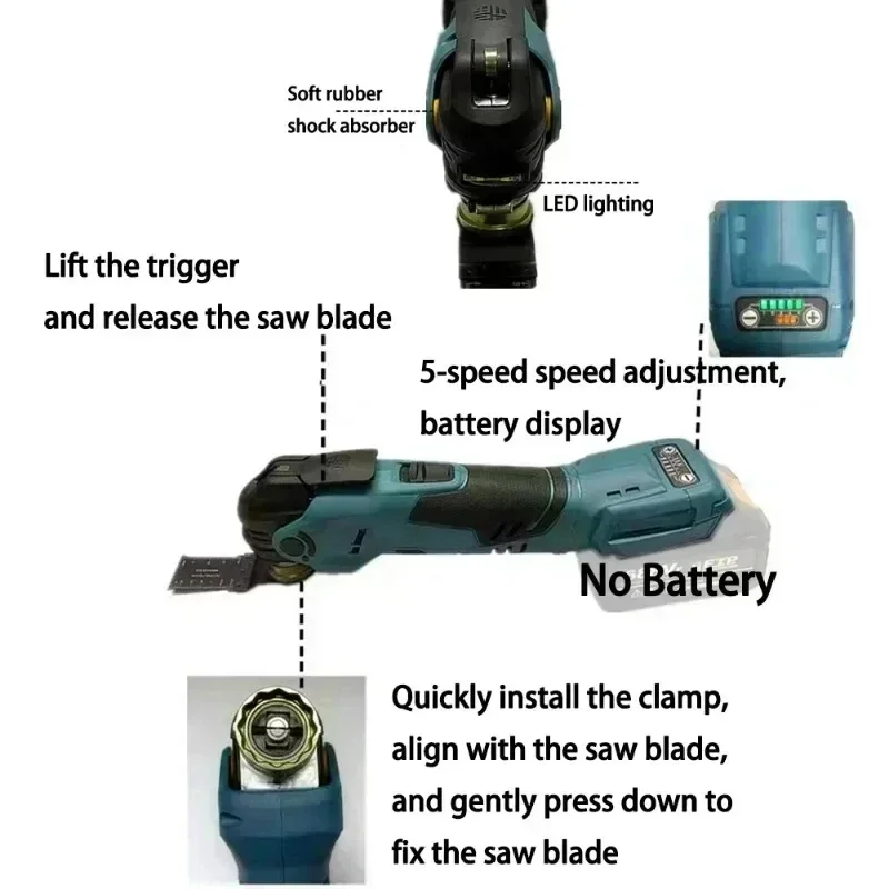 Vesmatity Brushless Oscillating Tool Woodworking Saw Trimmer Shovel Cutter 5-Speed Battery Display LED For Makita 18V Battery