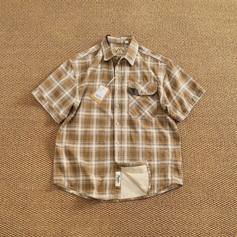 

New summer retro pure cotton washing men's loose casual plaid lapel short-sleeved work shirt