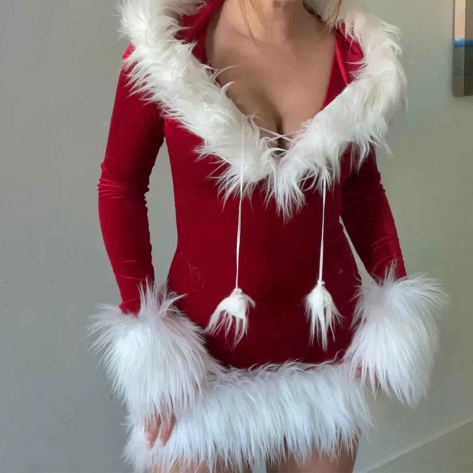 Weihnachtskostüme, süßes Plüsch-Langarm-Mini-Kleid mit Kapuze für Frauen, Cosplay, Maskerade, Rollenspiel-Party-Outfits