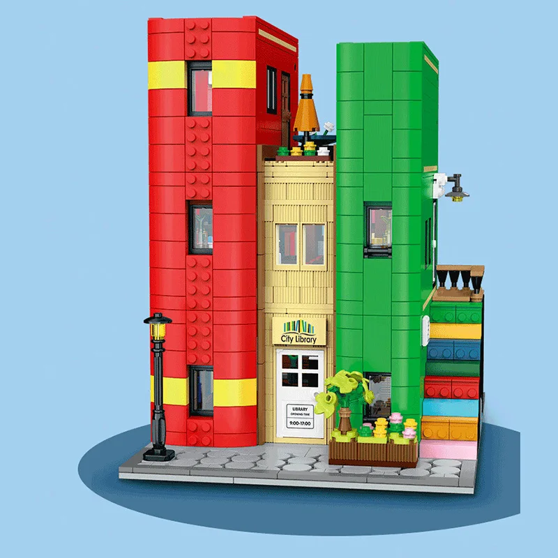 Blocs de construction de bibliothèque de villes créatives, modèle MOC, ornement de bureau modulaire, vue sur la rue, jouet d'architecture, cadeaux pour adultes