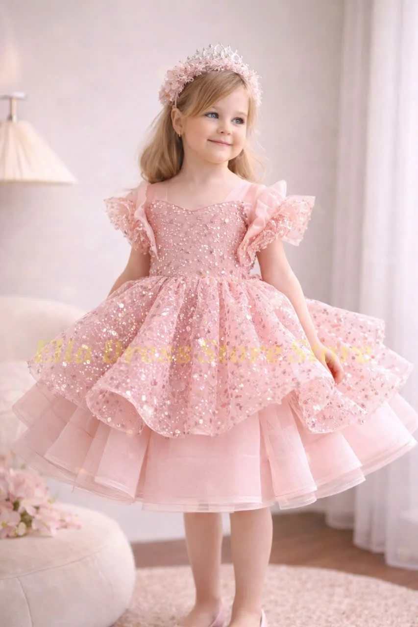 Wholesale Custom Puffy Gold Satin Flower Girl Dresses Knee Length Wedding Party Dress Bow Toddler Baby Birthday Pageant Ballet