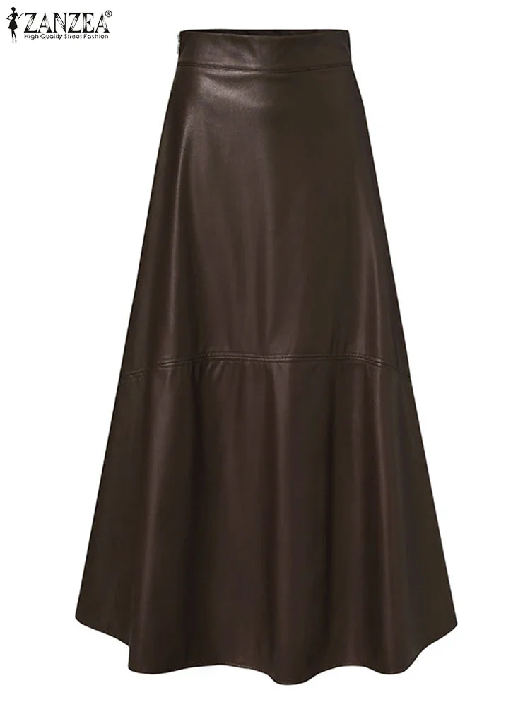 

ZANZEA Women's Solid Color Mujer Faldas 2025 Autumn Elegant PU Leather Maxi Skirt OL Long Saias Casual High Waist Zipper Jupe