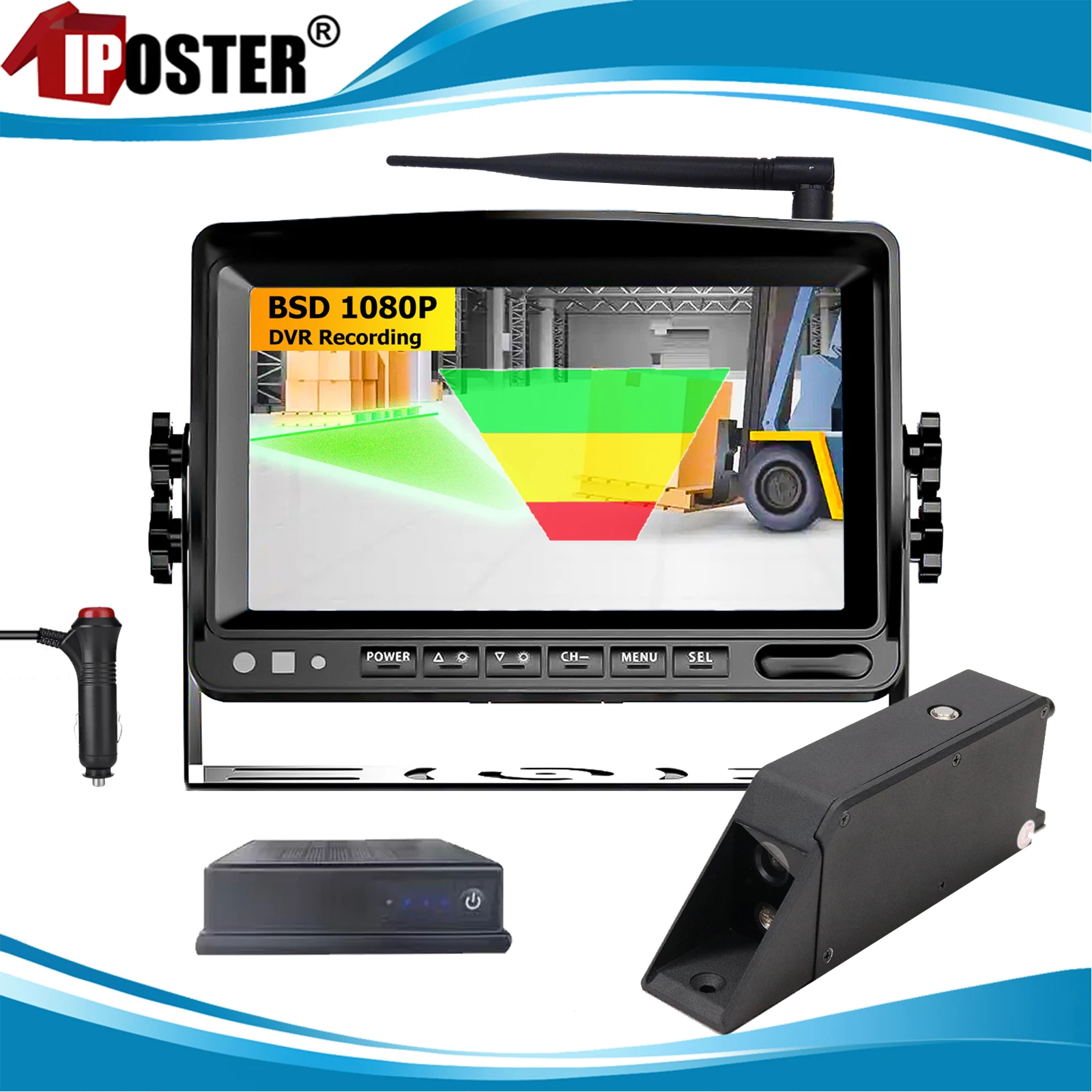 

iPoster 1/2x Digital Wireless Laser Light Magnetic Base Forklift Cameras 9600mAh Power Bank with 7" DVR BSD Monitor For Forklift