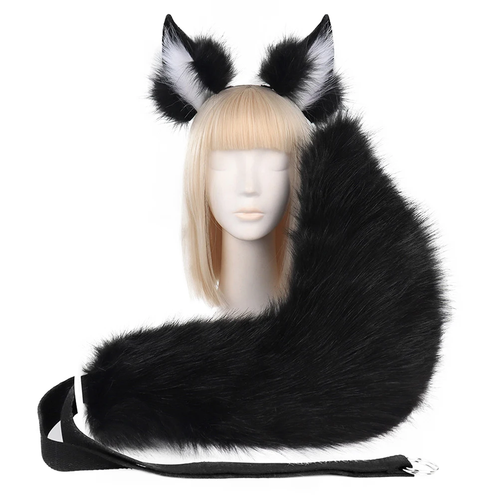 Fox Tail and Ear Animal Cosplay Accessories Cute Animal Ear Headband and Tail Cosplay Costume Props Girl Faux Fur Tail