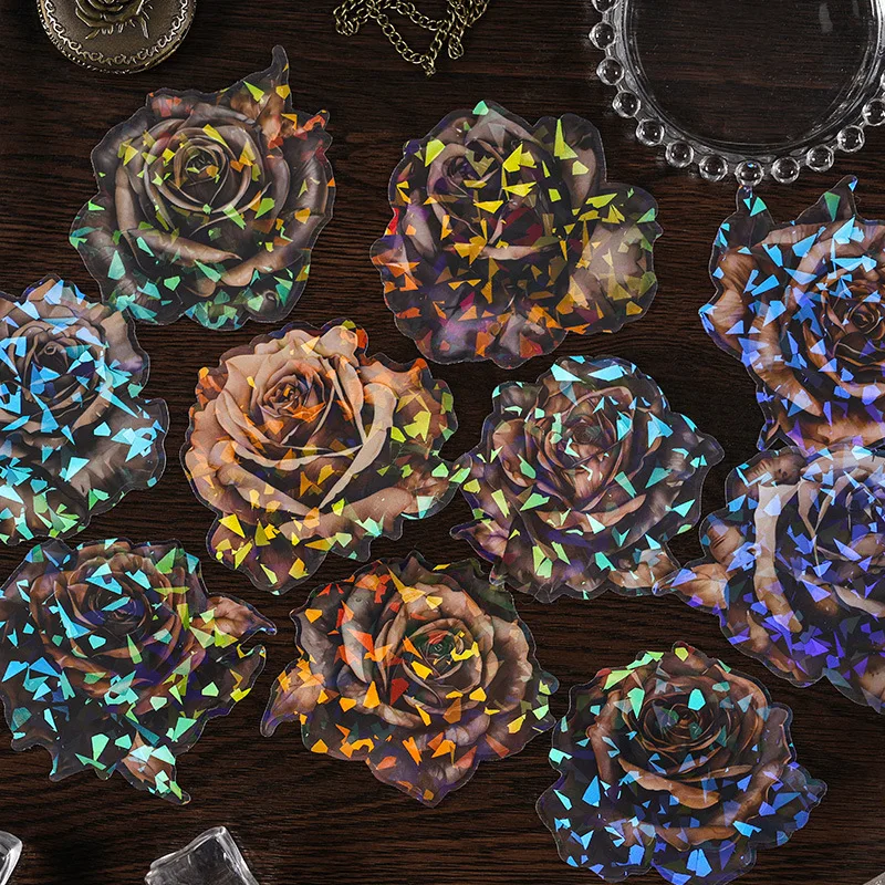 10 PCS/Pack Dark Night Rose Series PET Stickers, Shell Shimmer Laser Effect DIY Decorative Supplies for Journal Scrapbooking