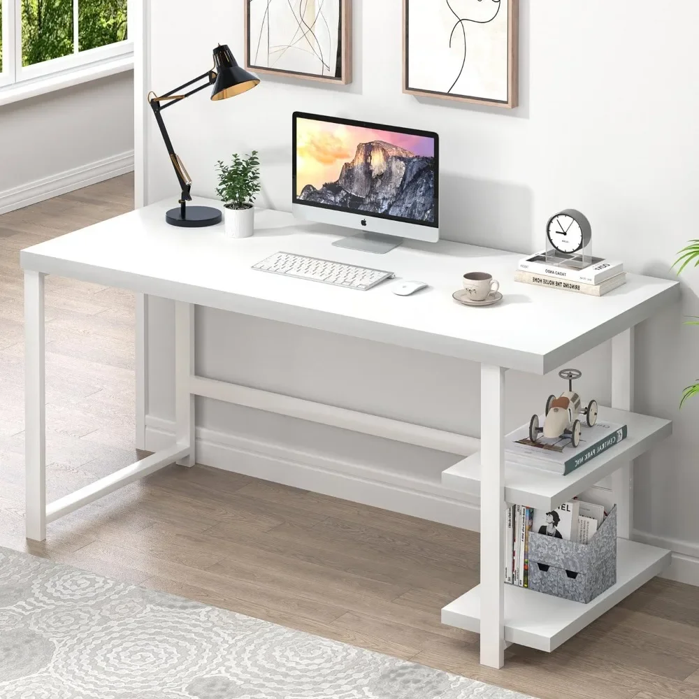 

White Computer Desk, Modern Home Office Desk with Storage Shelf, Wood and Metal Writing Study Table