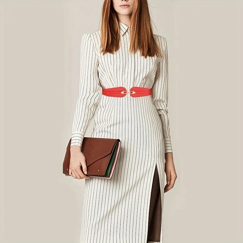 Elegante fibbia con fibbia a lucchetto cinture larghe alla moda tinta unita PU elastico in vita abito classico cintura per le donne