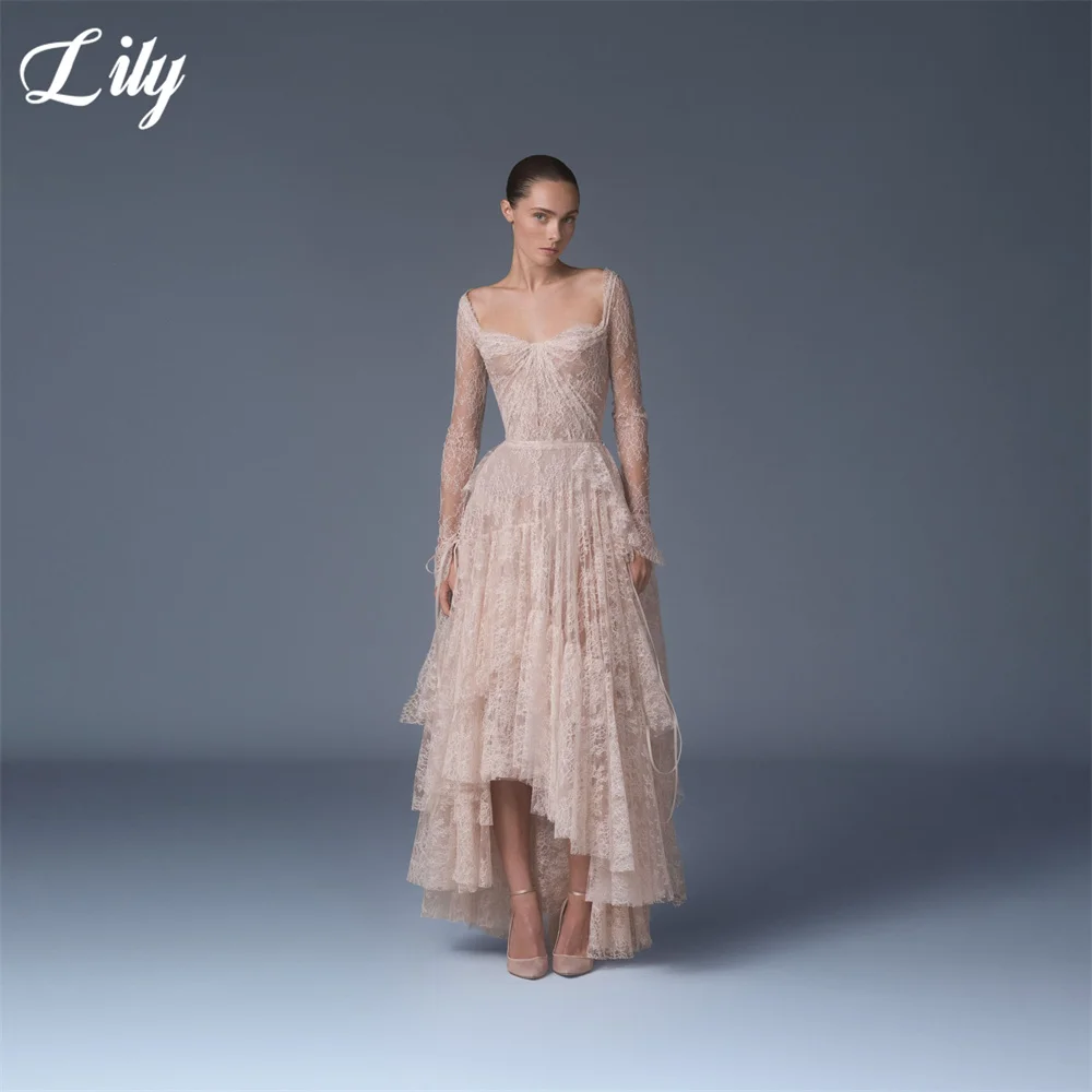 Lily Blush Pink Full Lace Formal Gown Square Neck Long Sleeve Evening Dress High Low Ruffle Hem vestidos de fiesta Customized