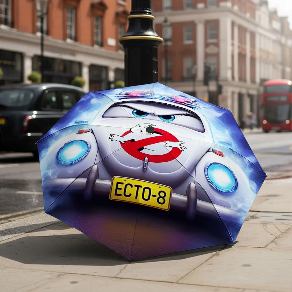 1P C Car-themed umbrella design with ghost illustration Print 8 Iron Ribs Folding Umbrella Auto-Open Fashion Sunshade