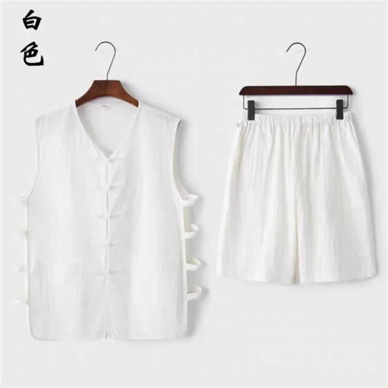 ﻿Summer Thin Cotton Linen Chinese Style Vest And Shorts Set Men fashion V-Neck Shirt Coat Chinese Traditional Costume﻿