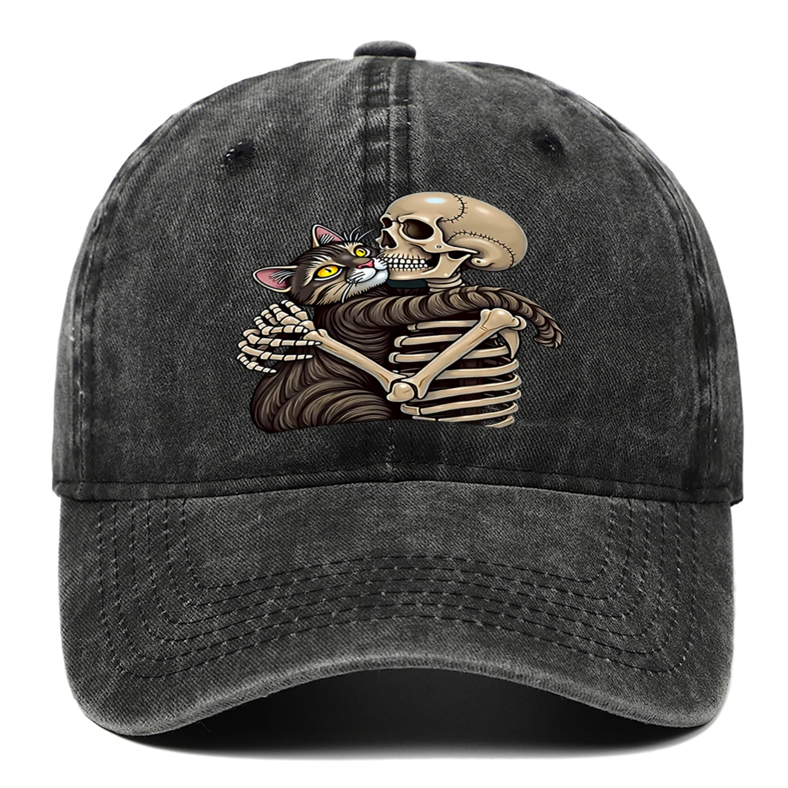 Cat and Skeleton Printed Baseball Hat Adjustable Washable Outdoor Sunscreen Hat Suitable as Halloween Gift for Men and Women