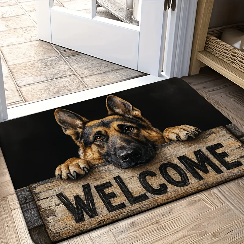 Item, Funny Doormat with Flannel And 1Cm Thick Sponge Material, German Shepherd Peeking Wooden Sign Welcome Letter Vintage Sty