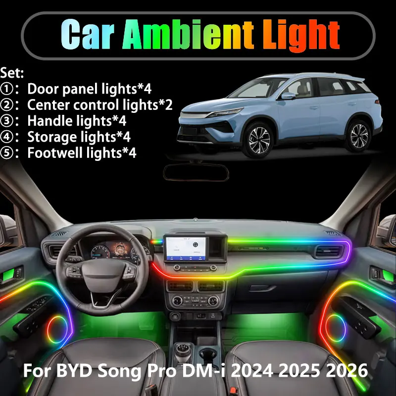 

Для BYD Song Pro DM-i 2024 2025 2026 2/18 в 1, автомобильное окружающее освещение, светодиодный багажник, внутренние светодиодные фонари, USB RGB, ансамбль, стример, авто