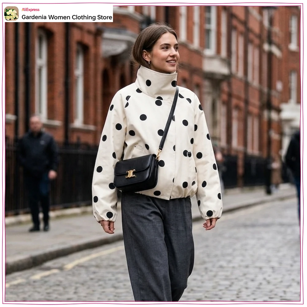 

New in Spring & Autumn Polka Dot Bomber Jackets for Women Fashion High Collar Jackets with Snap Button Closure and Welt Pockets