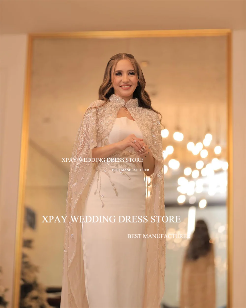 XPAY Luxury Saudi Arabic Wedding Party Dresses Lace Beading Cape Sleeves Floor Length Elegant Formal Prom Gown Occasion Event