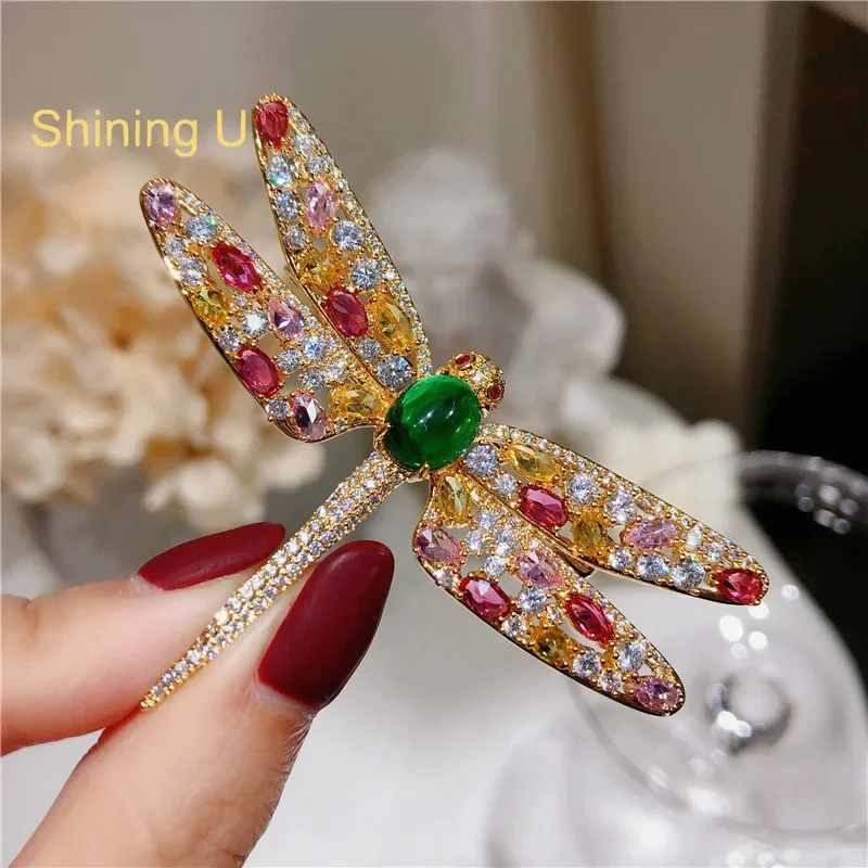 Shining U Colorful Zircon Dragonfly Brooch for Women Fashion Overcoat Accessory New Year Gift