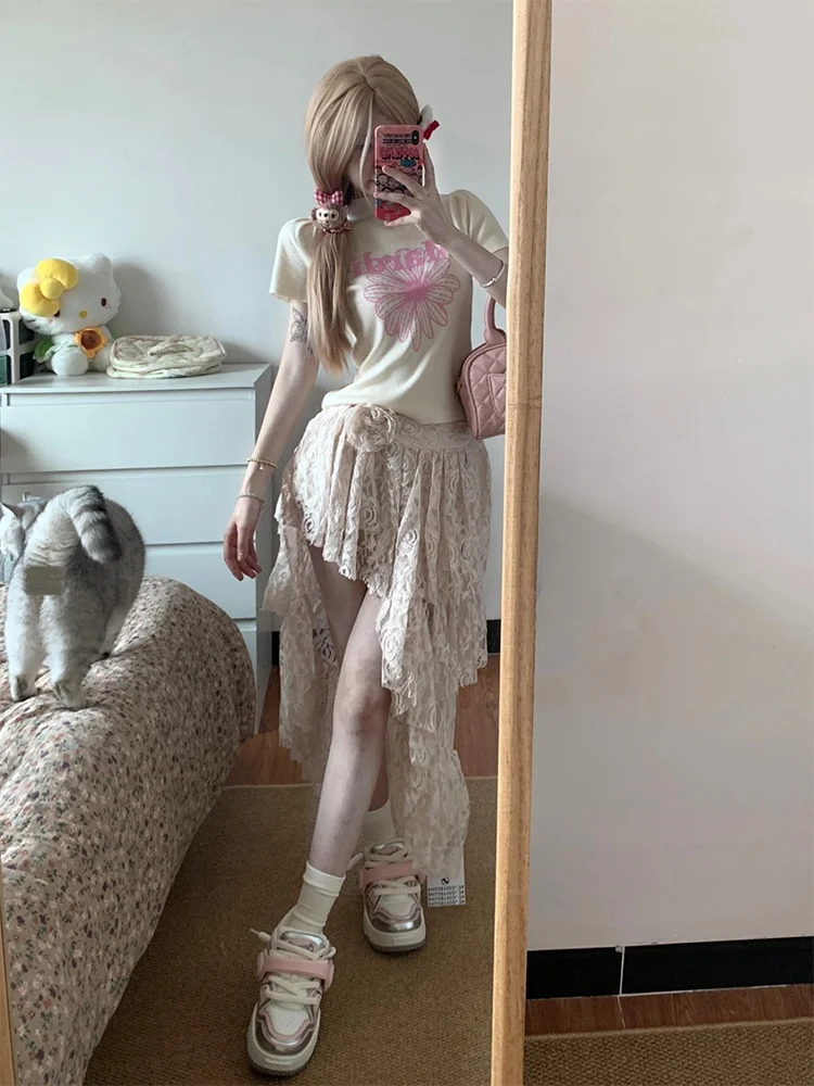 Irregular Lace f Skirt Women's Summer 2025 New Design -Midi A-Line Cake Skirt High Waist Other Material 00%