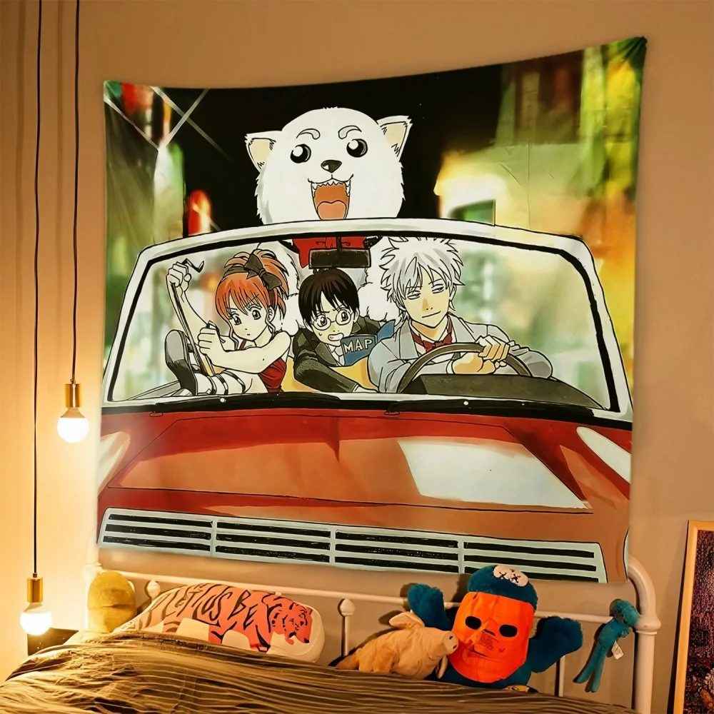 Gintama Car Scene Tapestry, Gintoki, Kagura, Shinpachi & Funny Print, Classic Anime Comedy Wall Hanging for Otaku Bedroom Decor