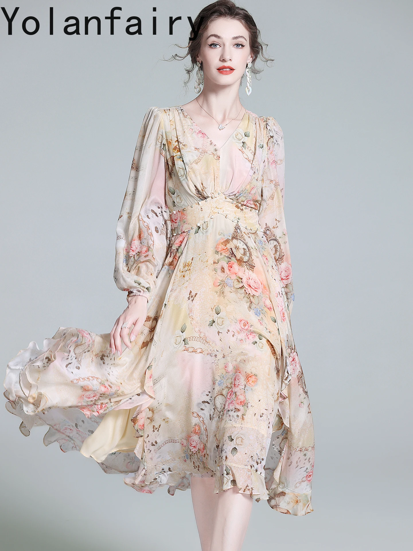 YOLANFAIRY 100% فستان حريري التوت الحقيقي امرأة الخريف جودة عالية فستان زهري أنيق سوبر الجنية كم طويل فساتين حريمي