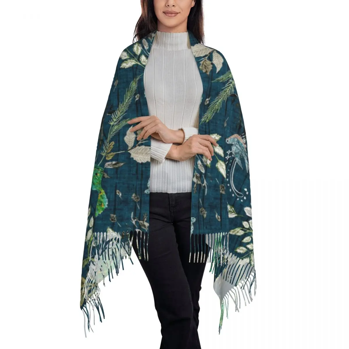 Peacock Chinoiserie (Teal) Scarf Tassel Scarves Women Soft Warm Shawls and Wraps Long Fall Winter Shawl Wrap