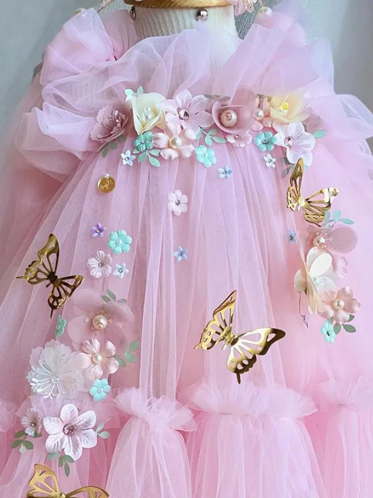 2024 New Children‘s Princess Evening Gown Sleeveless Pearls Appliques Design Wedding Birthday Baptism Party Girls Dresses A3649