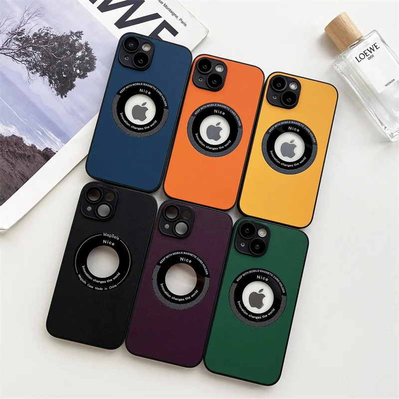 

For MagSafe Fashion Leather Texture Case For iPhone 16 15 14 13 12 11 Pro Max Magnetic Lens Protector Logo Hole Phone Accessorie