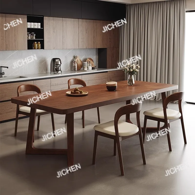 노르딕 스타일 원목 식탁 및 의자 세트 통나무 긴 테이블 작업대 가정용 식탁 책장 일체형 레스토랑