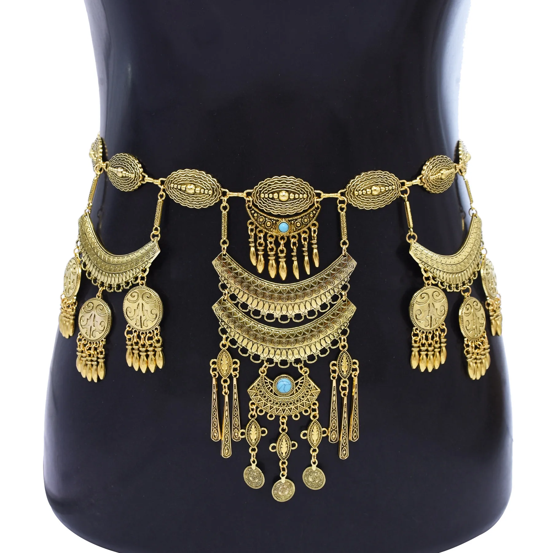 Traditional Boho Gypsy Ethnic Dress Waist Chain Vintage Moon Gemstone Coin Tassel Pendant Body Jewelry for Women Kurdish India