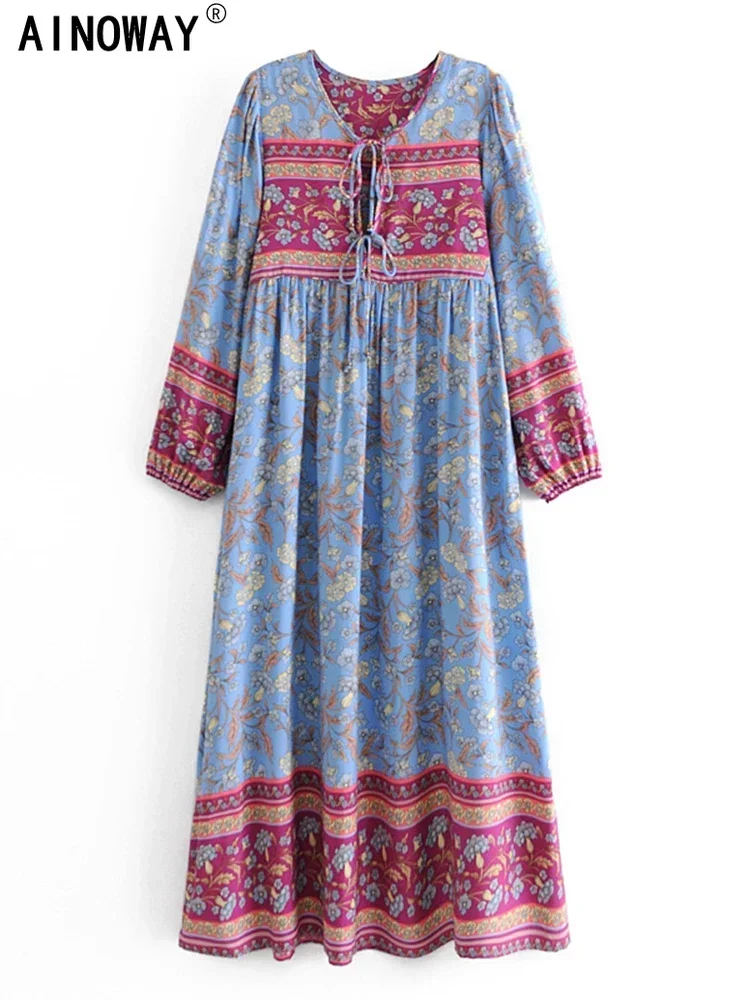 Vintage Women Long Sleeve Ethnic Floral Print Beach Bohemian V-neck Maxi Dress Ladies Rayon Summer Boho Dresses Robe Kaftan