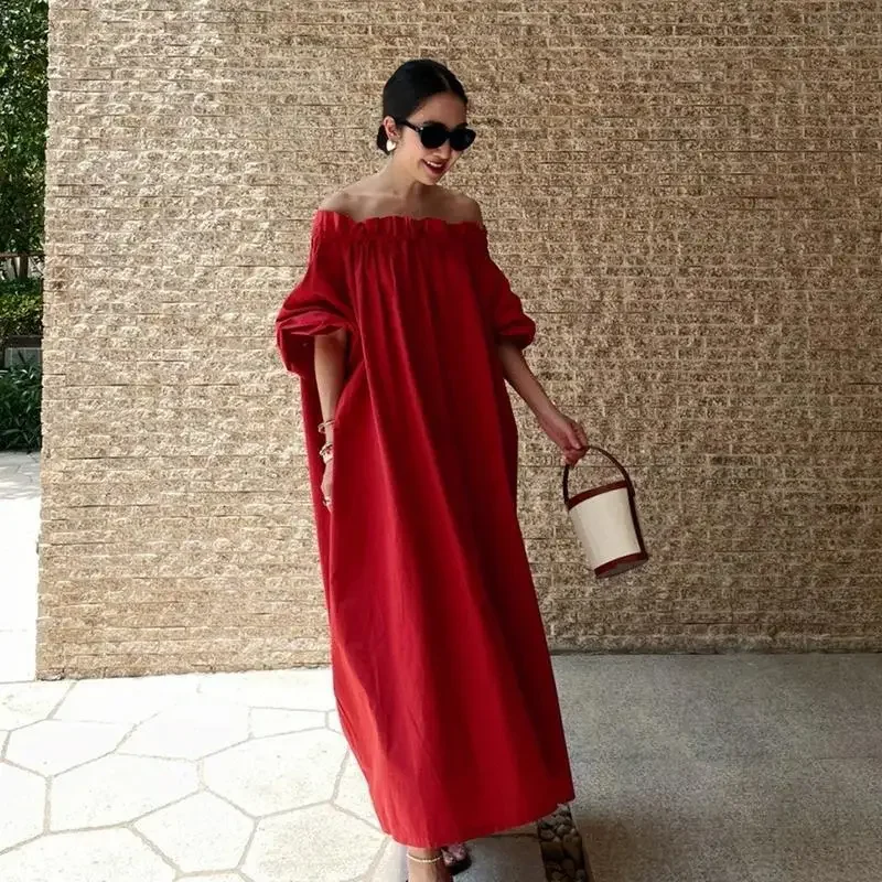 

2025 New Spring French Retro Red Dress Women Niche Design Ruffle Strapless Dresses Casual Loose Long Vestidos