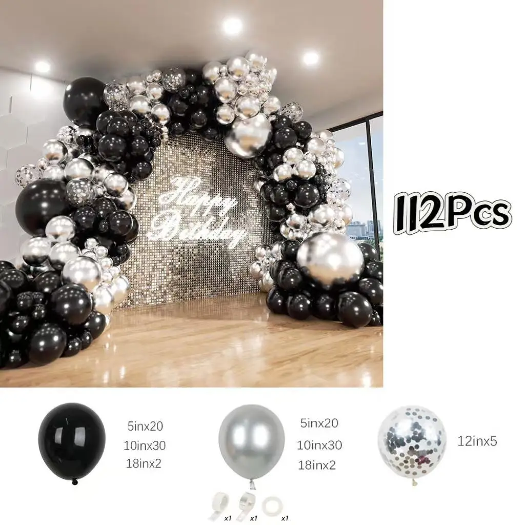 112Pcs Black and Silver Balloons Arch Kit Metallic Silver Balloons and Confetti Balloons for Birthday Wedding Party Decorations