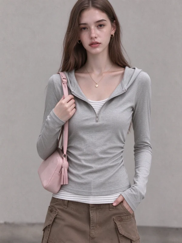 Gray Striped Hooded Long Sleeve T-Shirt Women's Slim Fit Base Shirt Unique Style Autumn Cold Spot Non-Repeating Top