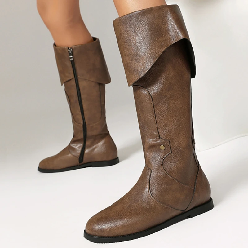 

Turn-over Knee High Boots Women Casual Western pu Leather Riding Boot Flats Footwear Shoes Men Zipper Big Size 48 Comfortable