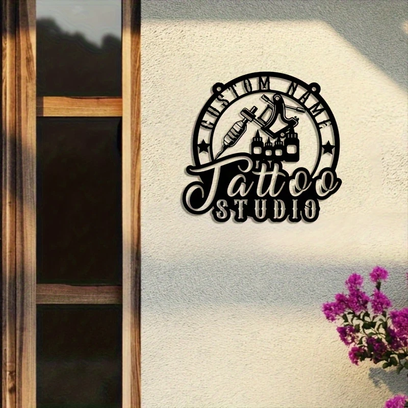 Customizable 2D Flat Tattoo Studio Iron Art Plaque with Name Wall Art And Hanging Chain Durable And Eye-Catching Design for Home