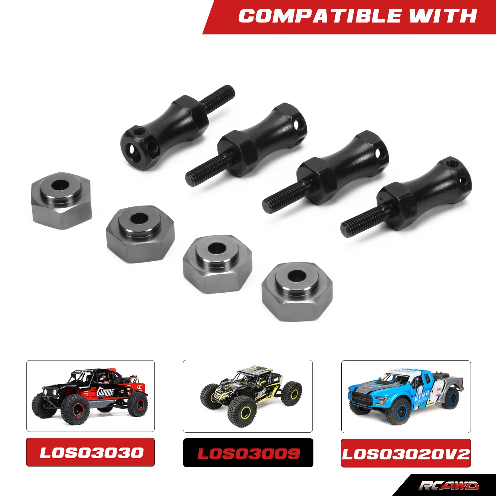 RCAWD 20mm 확장 휠 육각 어댑터는 12mm를 17mm로 변환하여 1/10 Losi Baja Rey Rock Rey LOS03030 LOS03020V2 업그레이드 부품에 사용됩니다.