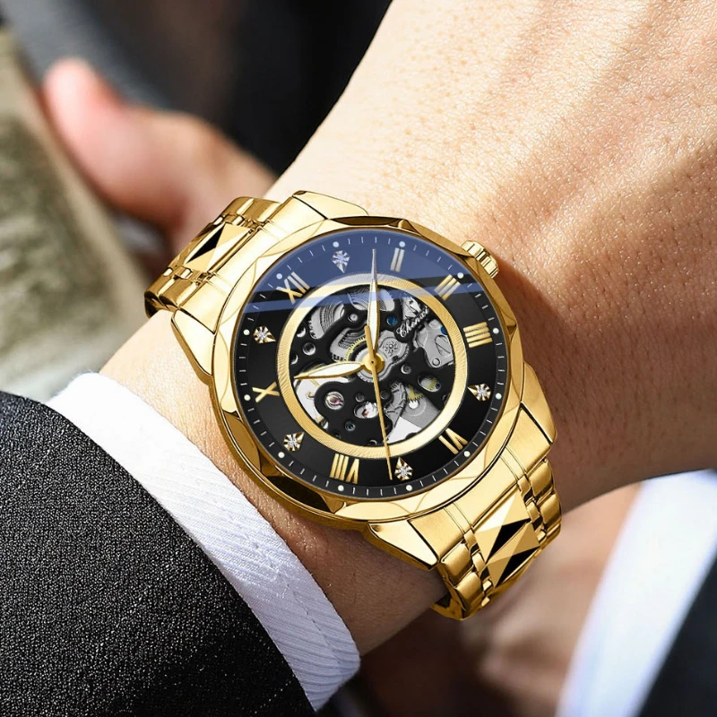 

Лучший бренд, золотые мужские автоматические механические часы, дизайн скелета, золотые водонепроницаемые роскошные наручные часы из нержавеющей стали для мужчин