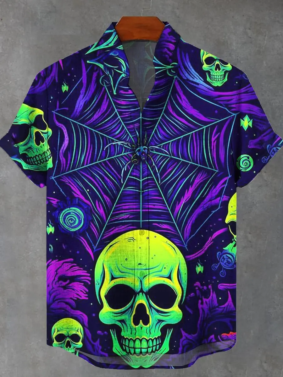 Fashionable 3D printed Halloween funny pattern men's casual loose linen pocket short stand up collar large shirt