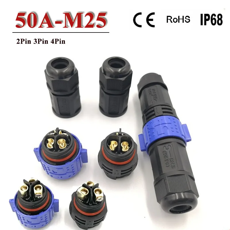 50A M25 2 3 Pin Waterproof Connector IP67 Male Female Connectors 6-18mm 300V High Current Docking Soldering/Screw Lock Wire Plug