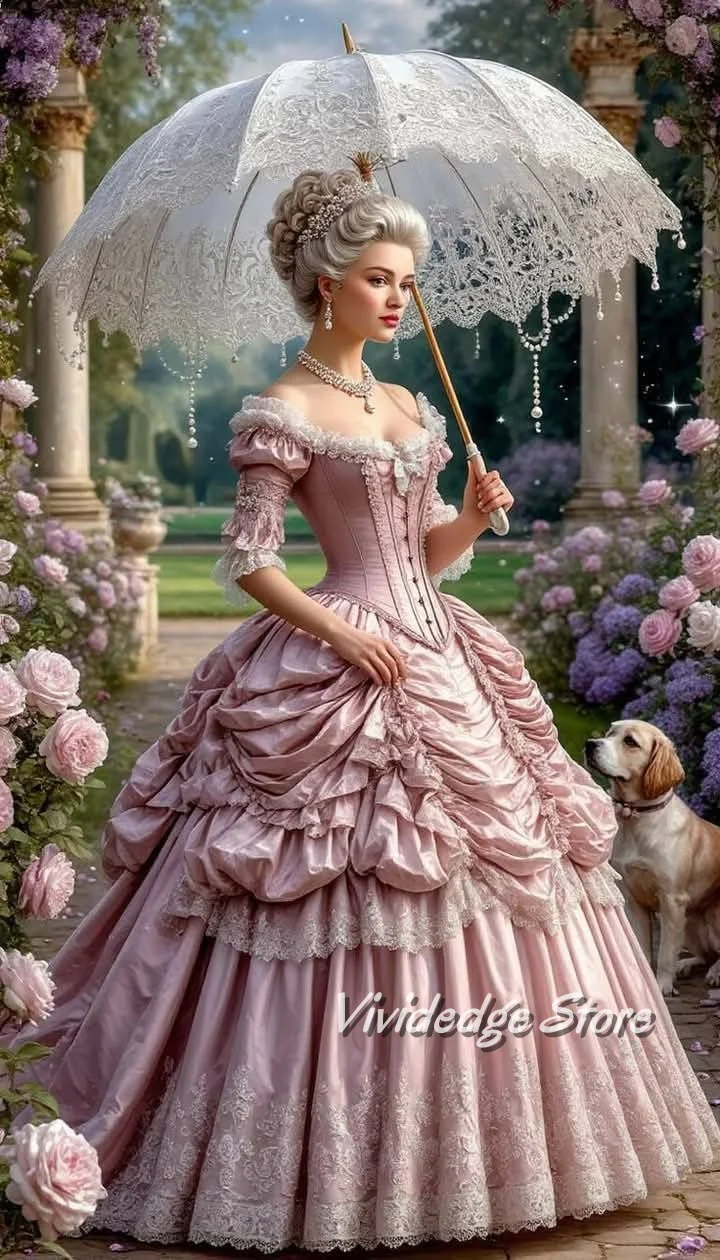

Customized French Aristocratic Pink Victorian Evening Dress Snap Shoulder Long Sleeve Prom Dress Baroque Medieval Ball Gowns Lac