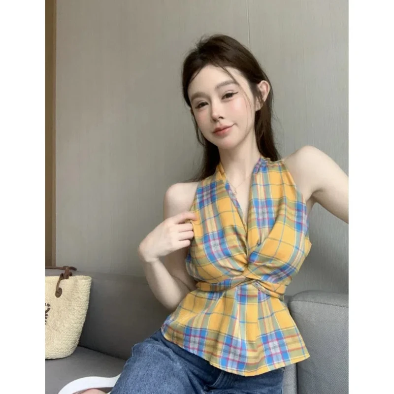 

Чистый сексуальный топ в клетку в стиле ретро с открытыми плечами для женщин, дизайн, короткий жилет без бретелек с v-образным вырезом