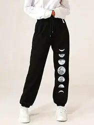 Different Forms Of The Moon Print Casual Versatile Women Pants Fashion Trendy Trousers With Drawstring Pockets Sweatpants Female