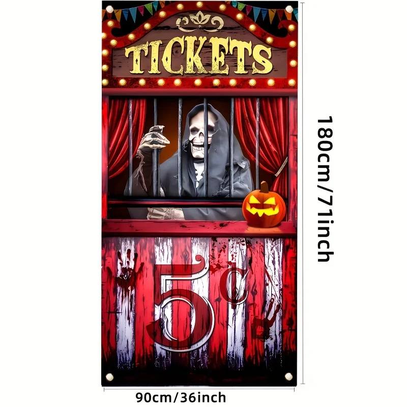 Polyester Black Evil Circus ticket booth banner - Halloween Bloody Horror party background, Day of the Dead holiday hanging