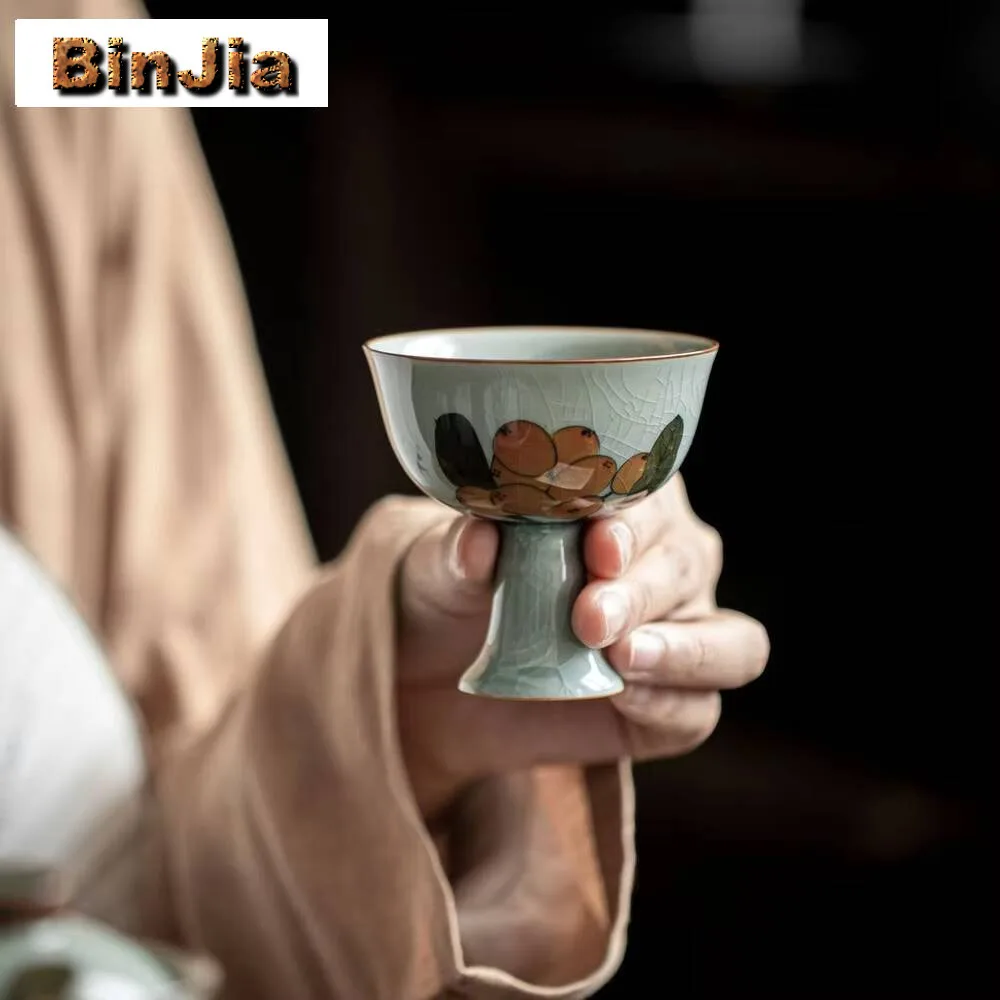 2pc/lot Handmade Ice Cracked Glaze Ceramic Teacup Hand Painted Loquat High Foot Cup Master Tasting Tea Bowl Kung Fu Teaset 70ml