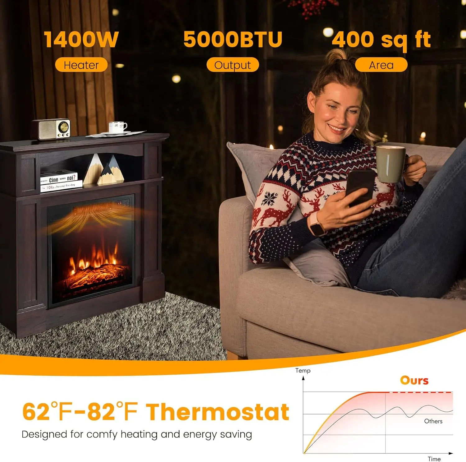 32" Electric Fireplace with Mantel, 1400W Freestanding Heater with Remote Control & Adjustable Brightness, Multifunctio