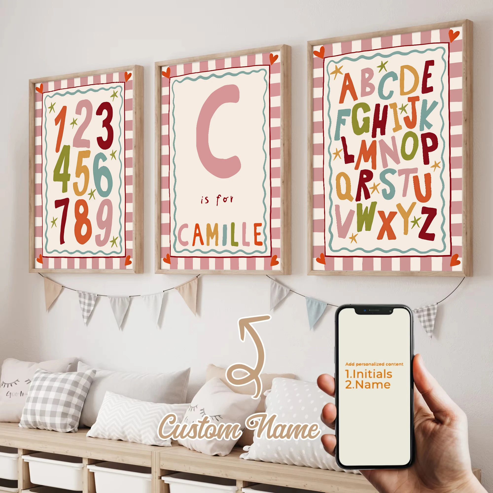 3pcs/set Custom Educational Enlightenment Canvas Prints Poster Personalised Custom Name Alphabet Kid's Room Nursery Home Decor